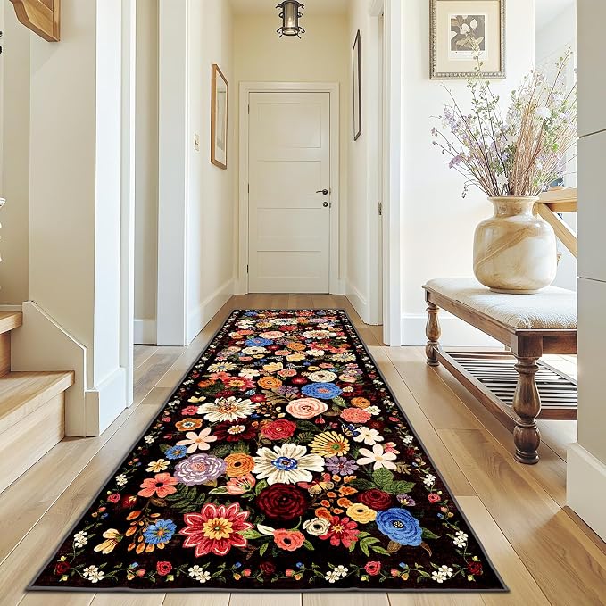Black Brown Floral Hallway Runner Rug 3x7 by WelcometoBabovid