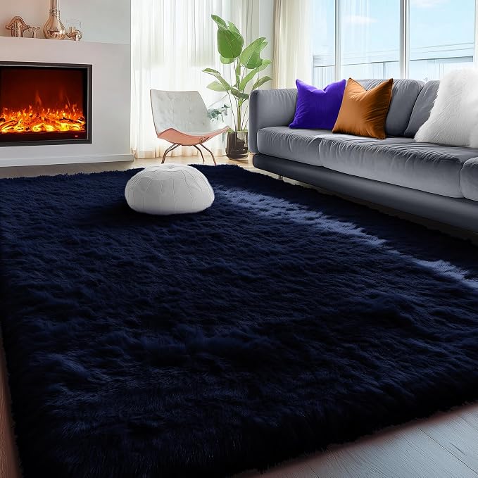 Navy Blue Rug 3x5, Fluffy Dark Blue Rugs - Image 6