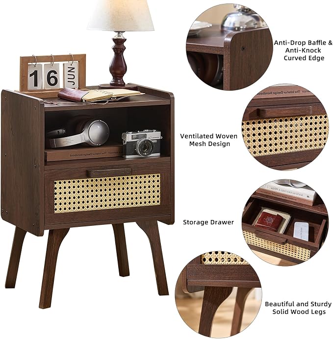 Lerliuo Rattan Nightstands Set of 2, Bedside Table - Image 6