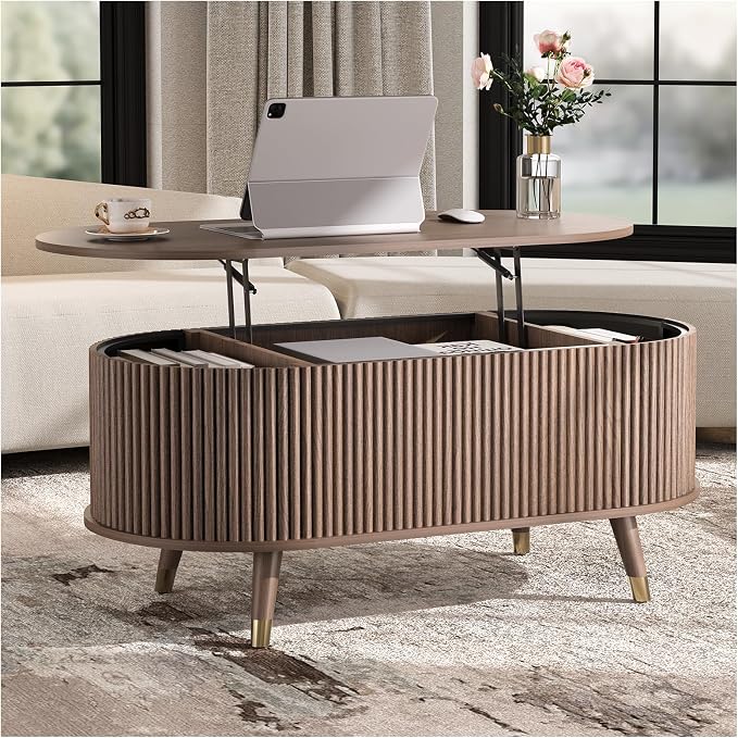 SULIVES Oval Coffee Table with Storage, Small Fluted Center Table by SULIVES