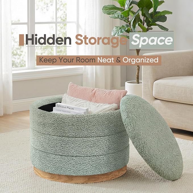 Round Storage Ottoman with Tray Lid, Folding Chenille Fabric Footrest with - Image 4