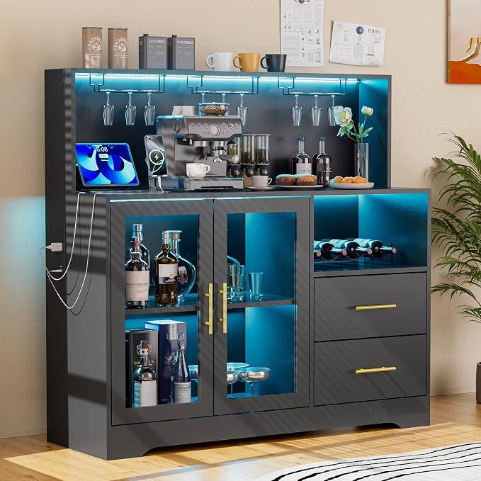 Home Bar Cabinet with Adjustable RGB LED Light, Wine & Coffee Storage with Rack by GIODIR