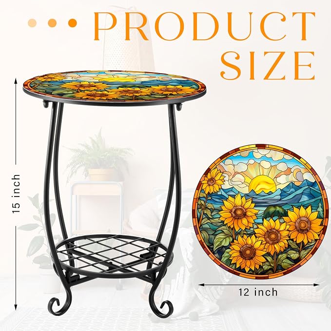 Cinnvoice Outdoor Side Table Round Small Mosaic Patio Accent Indoor End Plant - Image 3