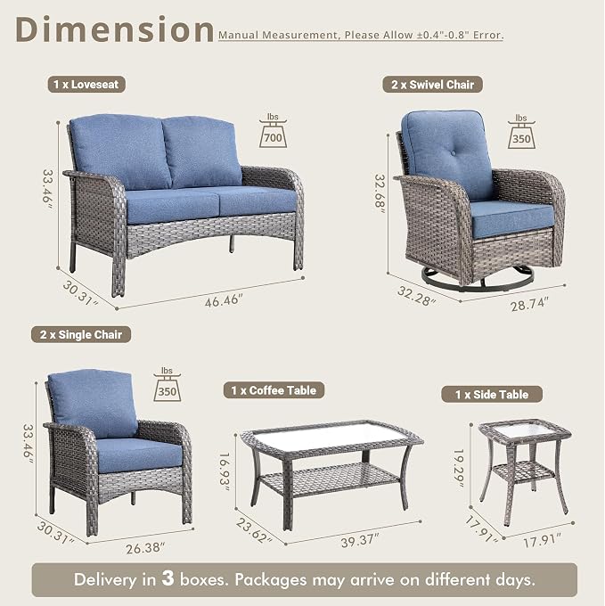 Weaxty 7 Pieces Patio Furniture Set, Wicker Outdoor Swivel Rocking Chairs - Image 2