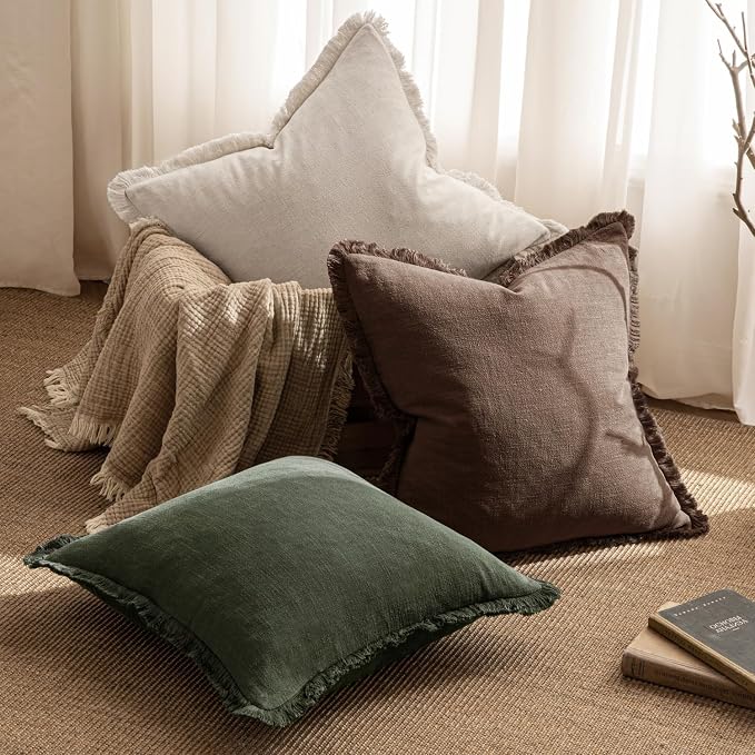 MIULEE Boho Linen Fringe Decorative Throw Pillow Covers Rifle Green 20x20 | Set - Image 5