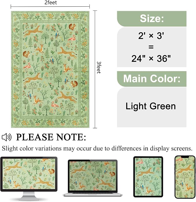 DUKINO 2x3 Entryway Rug, Washable Door Mat Animal Kitchen Rug, Light Green | - Image 2