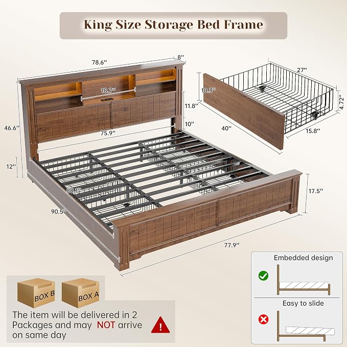 EnHomee King Size Bed Frame and Headboard & Storage, 4 Drawers and LED Built in - Image 2