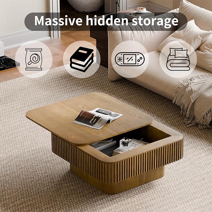 Square Coffee Table for Living Room, Fluted Drum Accent Tea Center Table - Image 4