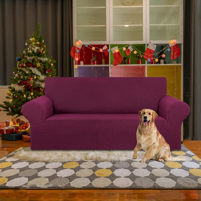 Stretch Loveseat Couch Cover, 2 Cushion Couch Slipcover, Wine | 1-Piece - Image 2