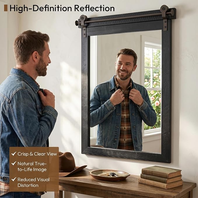 24"x36" Black Barn Door Wall Mirror, Solid Wood Framed Rustic Accent Mirror - Image 5