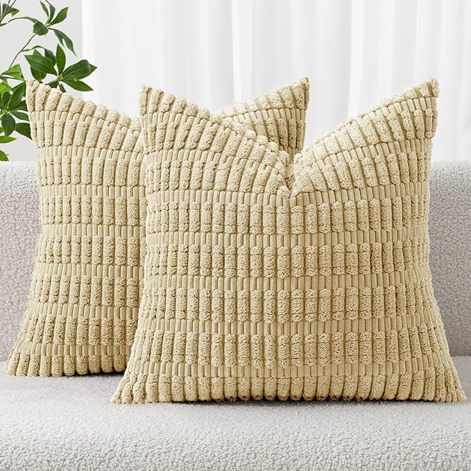 MIULEE Corduroy Decorative Throw Pillow Covers 18x18 Beige Pack of 2 | Soft by MIULEE