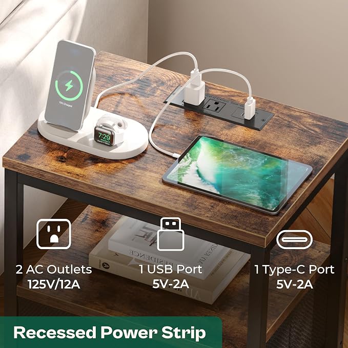 Huuger Nightstand with Charging Station, Side Table with Fabric Drawers - Image 3
