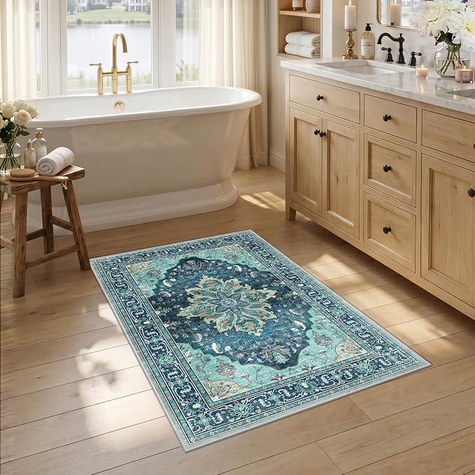 RELEANY Washable Area Rug, Small 2'6"x4', Teal | Non-Slip, Water Repellent by RELEANY