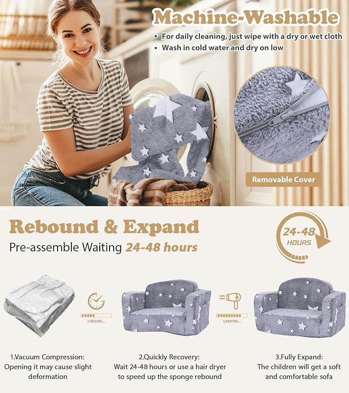 Kids Couch, 2-in-1 Soft Toddler Couch Fold Out - Image 8