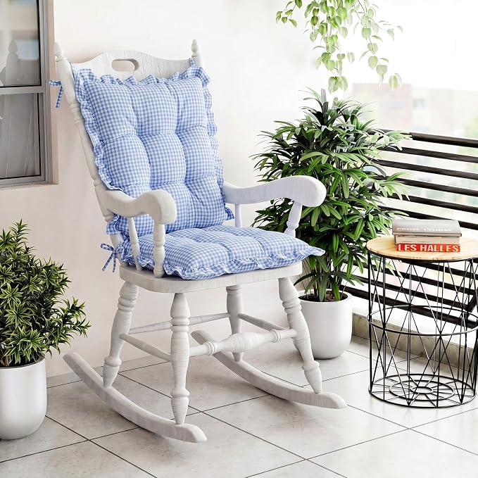 Lewtemi 2 Set Blue Gingham Rocking Chair Cushion Village Ruffled Rocking Chair - Image 4
