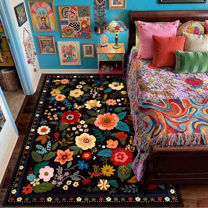 RELEANY Floral Washable 6x9 Area Rugs Black | Flower Carpet Print Boho Cute Non - Image 8
