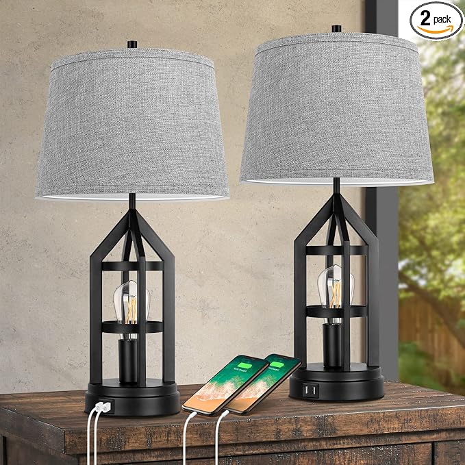 BesLowe 2-Light Farmhouse Rustic Touch Table Lamps Grey, 3-Way Dimmable Bedside by BringYouBrightFuture