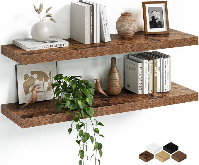 Fun Memories Floating Shelves for Wall, 32 Inch Set of 2 Rustic Wood Wall by FunMemories