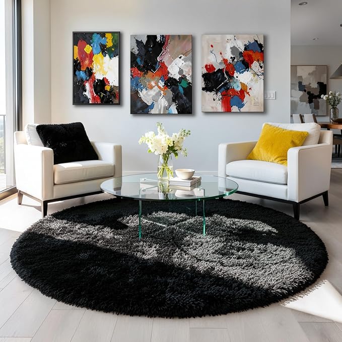 Amdrebio Black Large Furry Round Rug 7Ft by Amdrebio