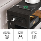 Leomonio Black Side Table with Charging Station, Slim End Tables with Fabric - Image 5