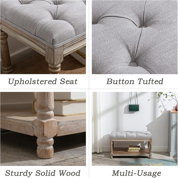 Farmhouse Storage Bench Wooden Entryway Linen Upholstered Ottoman Button Tufted - Image 3