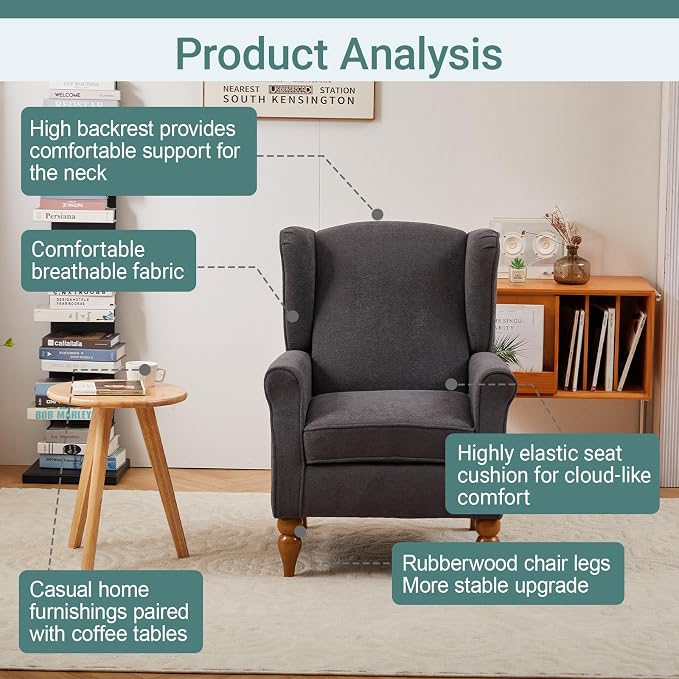 Mid-Century High Wingback Chair, Modern Fabric Accent Chair Armchair - Image 6