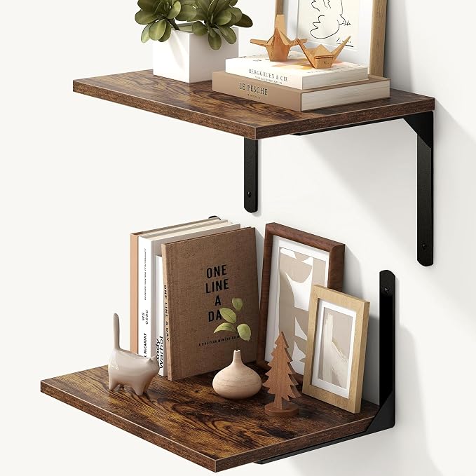 Fun Memories Rustic Brown 12 Inch Deep Floating Shelves Set of 2, Wall Mounted by FunMemories