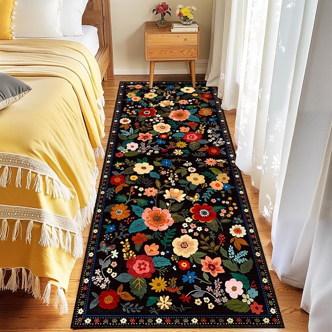 Floral Washable 2x6 Area Rugs Runner Entryway Hallway Black | Flower Carpet by RELEANY