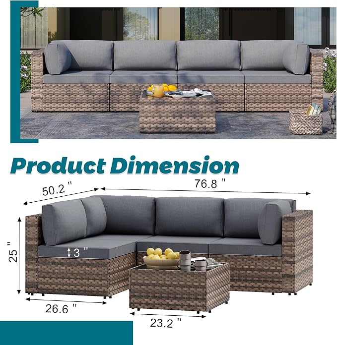 SUNLEI 5 Piece Patio Furniture Sets, Low Back All-Weather Rattan Sectional Sofa - Image 2