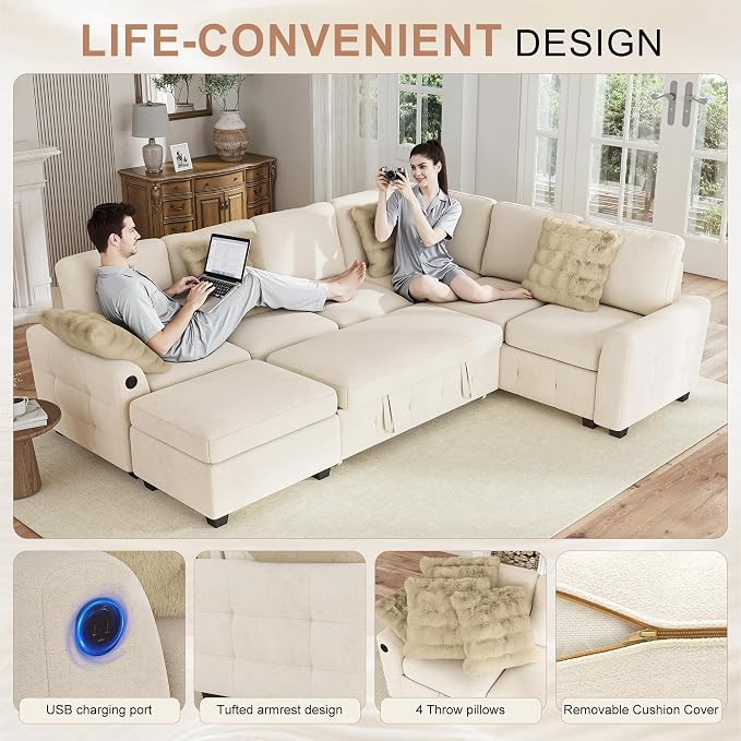 Hanherry Sectional Couch with Pull Out Sofa Bed, Chenille Sleeper Sofa with - Image 3