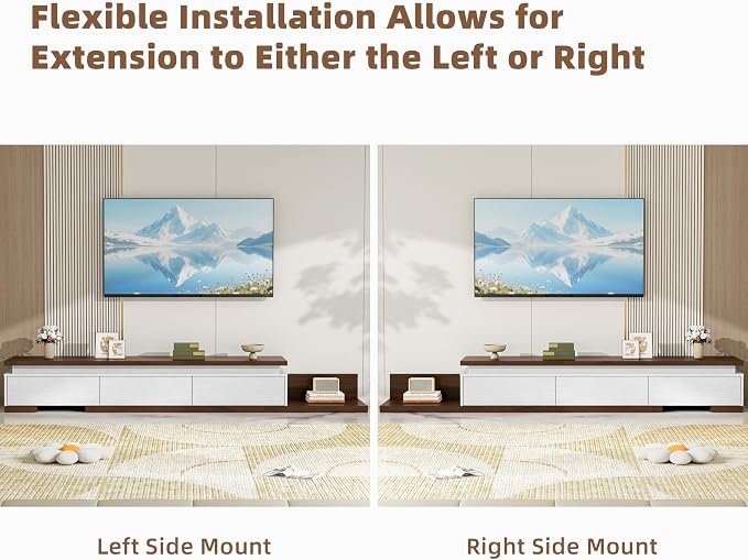 Extendable TV Stand with LED Lights, Modern TV Console with 3 Drawers, Wooden - Image 3