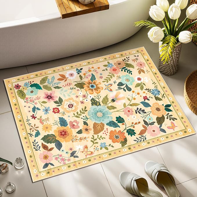RELEANY Floral Washable 2x3 Area Rugs Doormat Ivory/Yellow | Flower Carpet - Image 7