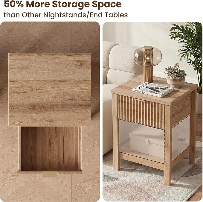 Fluted Night Stand with Golden Handle, Bedside Table with Storage Shelf - Image 4