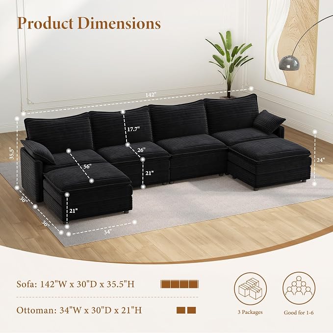 Vesgantti 142" U Shaped Sectional Couch, Comfy Cloud Modular Sectional Sofa - Image 2