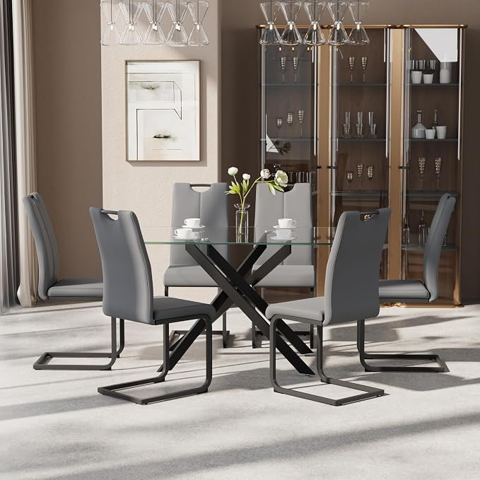 7-Piece Dining Table Set for 6, Modern Rectangular Glass Table - Image 3