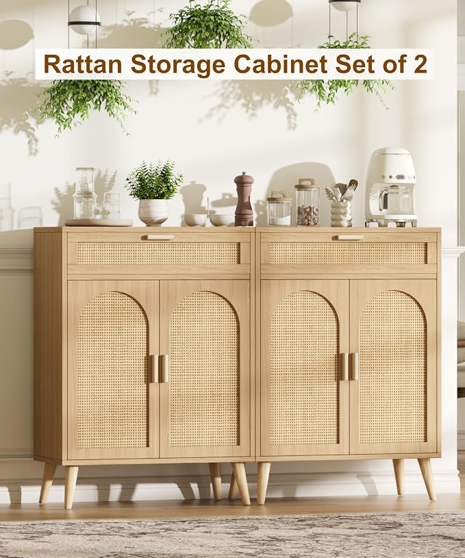 Rattan Buffet Sideboard Set of 2, Boho Buffet Cabinet - Image 3