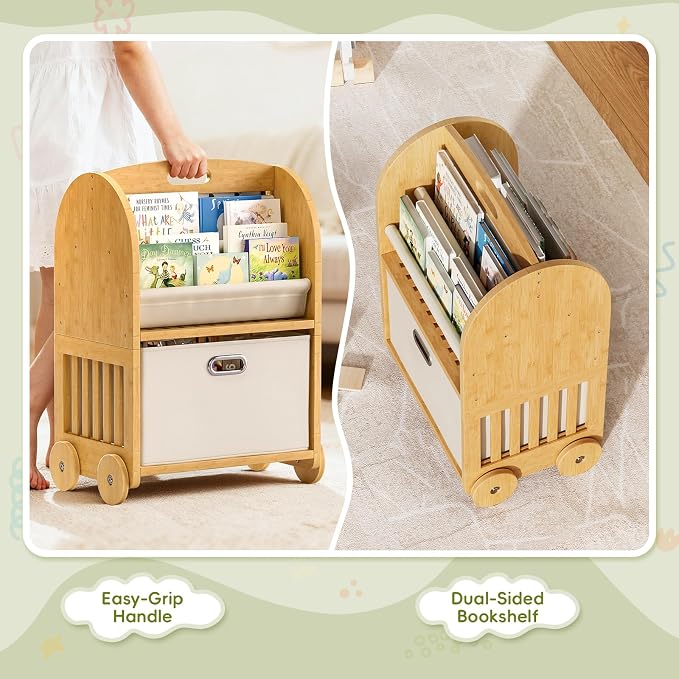 2-Sided, 3-Tier Bamboo Kids Bookshelf, Montessori Shelf - Image 3