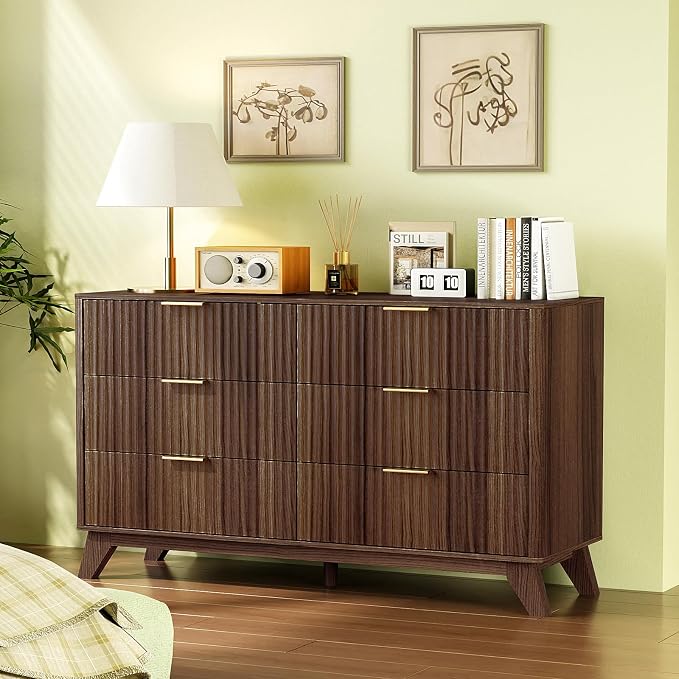 VINGLI Fluted Walnut Dresser 6 Drawer, Dark Brown Wood Dresser - Image 9