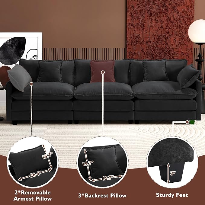 Ihanherry 111.4 Inch 3-Seater Cloud Sofa, Modular Sectional Couch, Modern Deep - Image 6