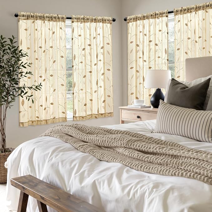 MIULEE Beige Sheer Curtains 2 Panels Embroidered Leaf Patterned, W52 x L45 | - Image 7