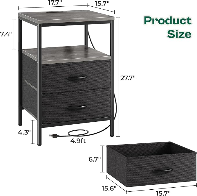 Huuger Night Stand with Charger Station, 27.7 Inch Tall Nightstand, Bed Side - Image 3