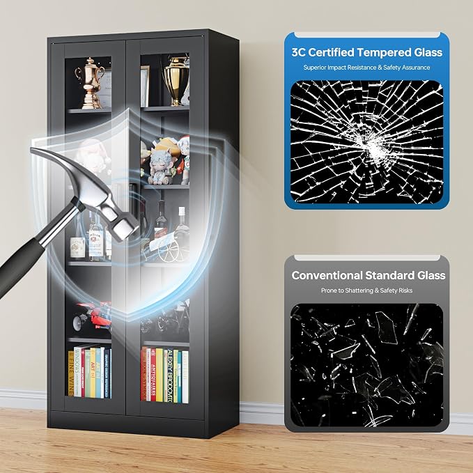 PEUKC Display Cabinet with Glass Doors, 71 Inches Metal Display Case with 4 - Image 5