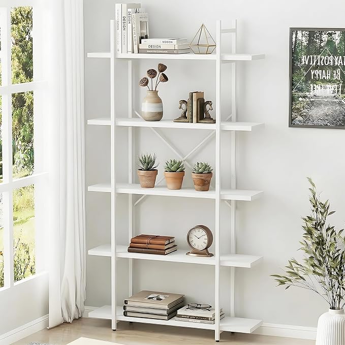 Bookshelf 5 Tiers White Wooden Storage Shelf, Modern Open Display Storage by EternalHome