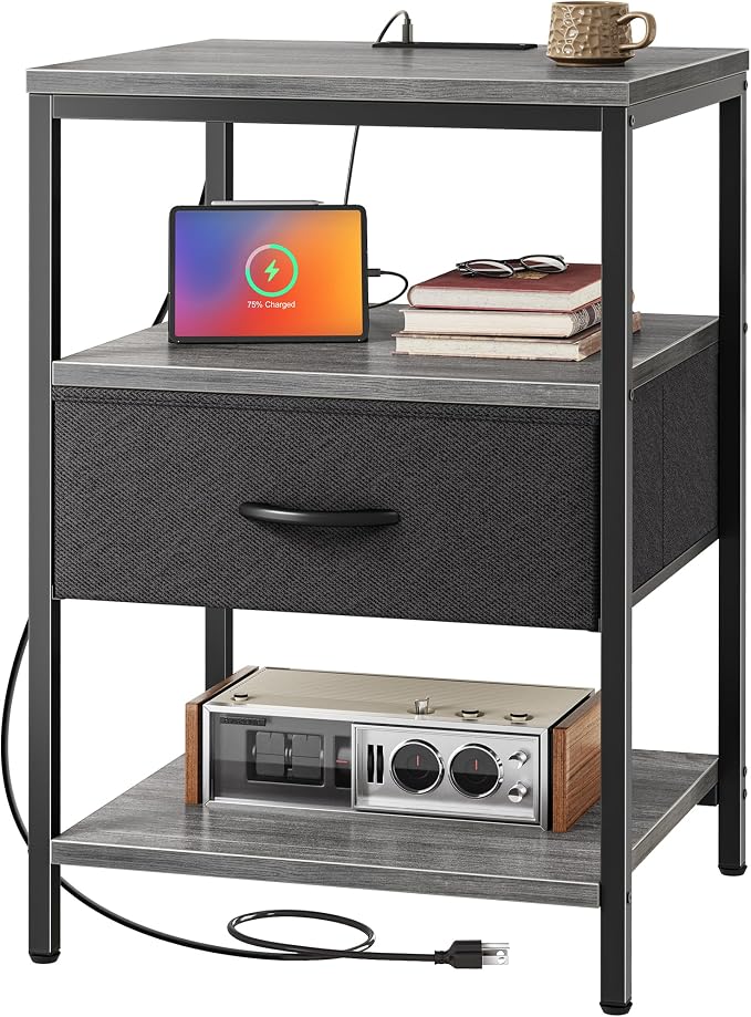 SUPERJARE Night Stand with Charger Station, 27.7 Inch Tall Nightstand with by SUPERJARE