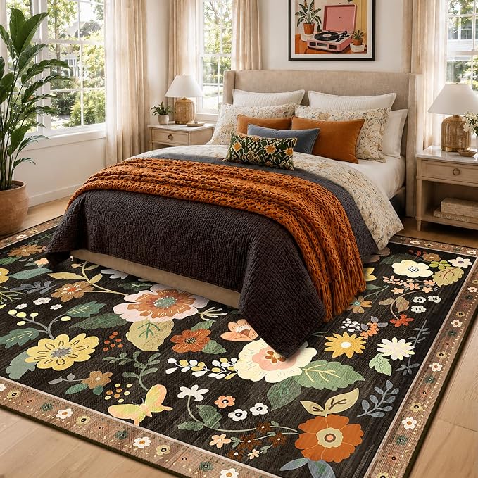 RELEANY Floral Washable 6x9 Area Rugs Black/Yellow | Flower Carpet Print Boho - Image 6