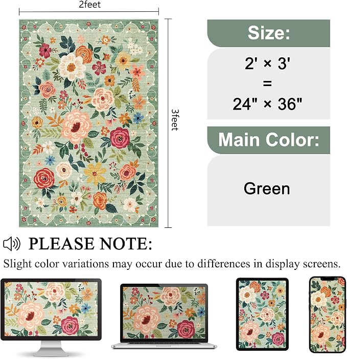 DUKINO 2x3 Rug, Floral Washable Rug - Image 2