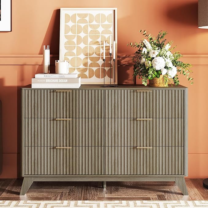 VINGLI Fluted Grey Dresser 6 Drawer Gray Dresser - Image 9