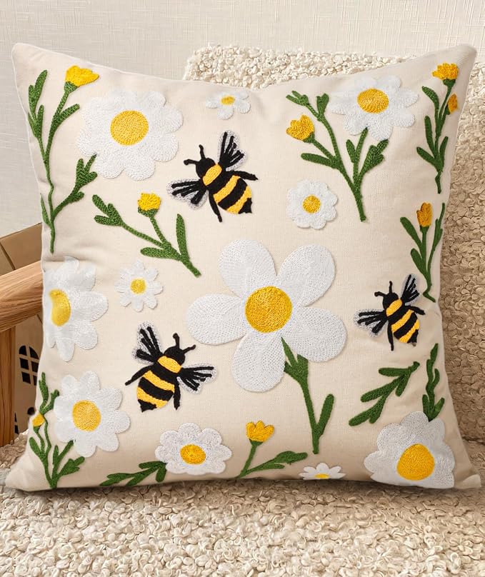 Embroidered Throw Pillow Cover 18x18 Inch, Flower Bee | Decorative Pillow Cover by Kokaaee