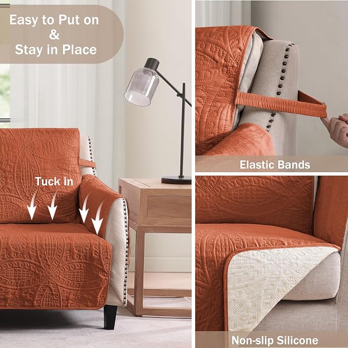 Burnt Orange Sofa Covers with Pockets, Anti-Slip Medallion Couch Covers - Image 4
