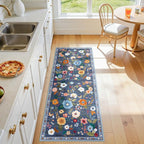 Floral Washable 2x5 Area Rugs Runner Entryway Hallway Blue/Grey | Flower Carpet - Image 2
